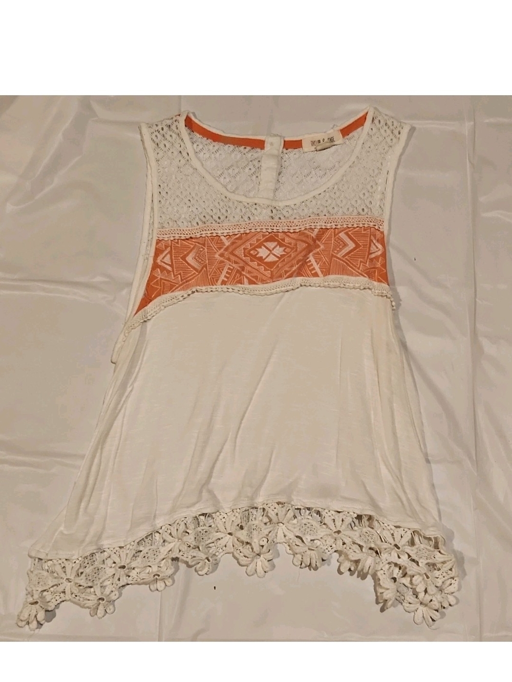 Taylor & Sage White Tank Top with Orange Aztec Panel